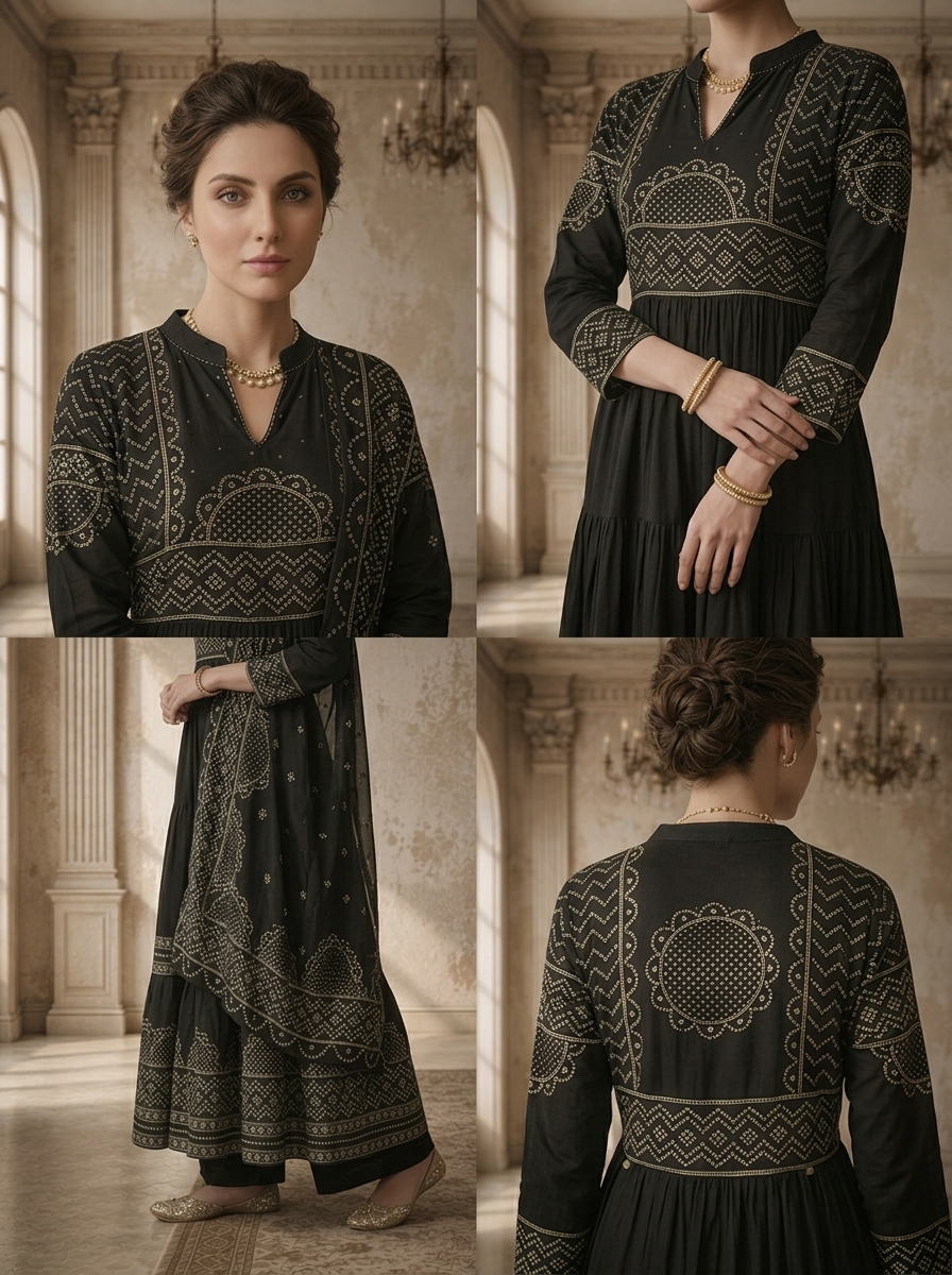 Black Cotton Bandhej Printed Three Piece Set
