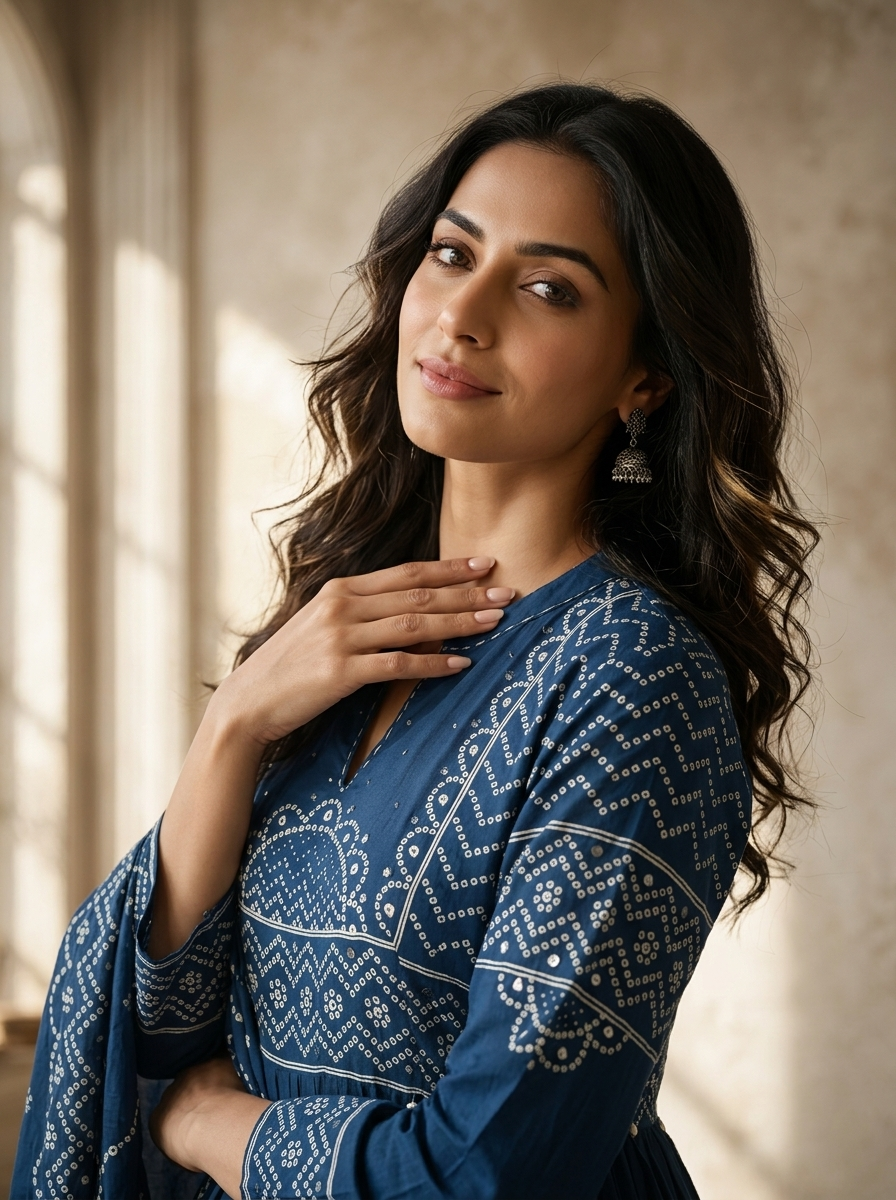 Blue Cotton Bandhej Printed Three Piece Set