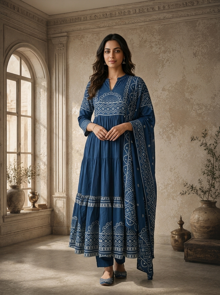 Blue Cotton Bandhej Printed Three Piece Set