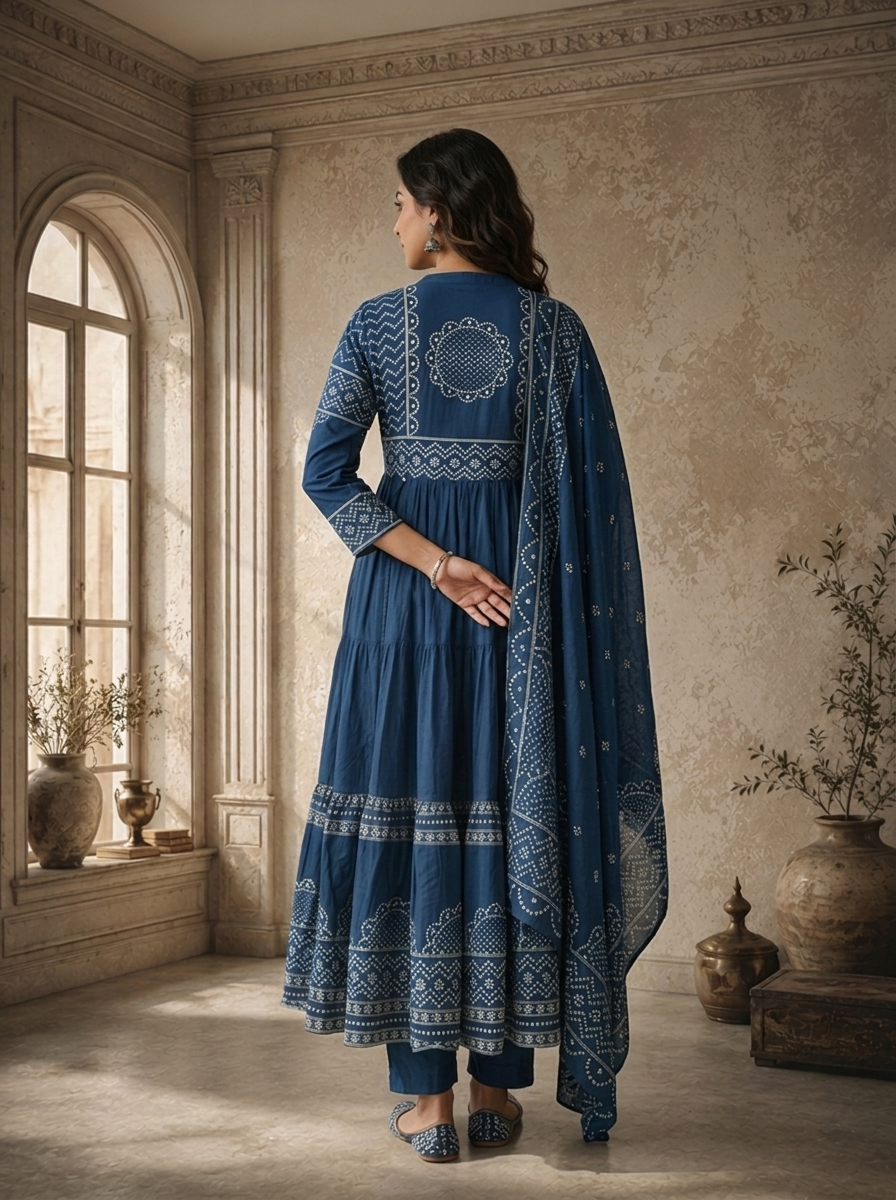 Blue Cotton Bandhej Printed Three Piece Set