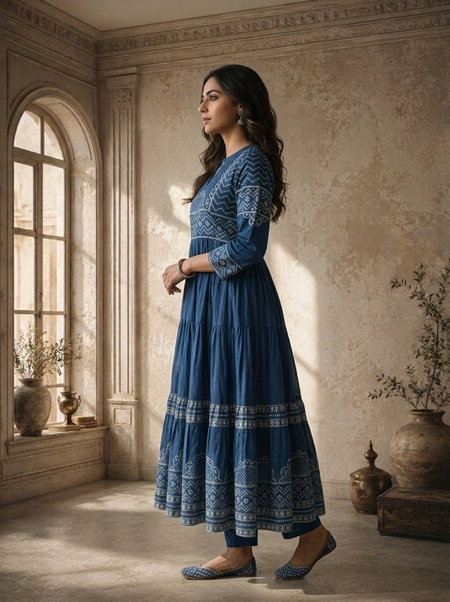 Blue Cotton Bandhej Printed Three Piece Set