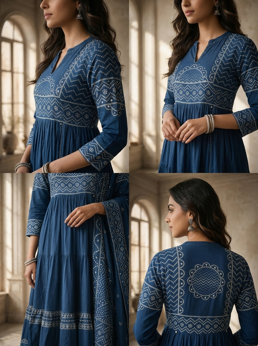 Blue Cotton Bandhej Printed Three Piece Set