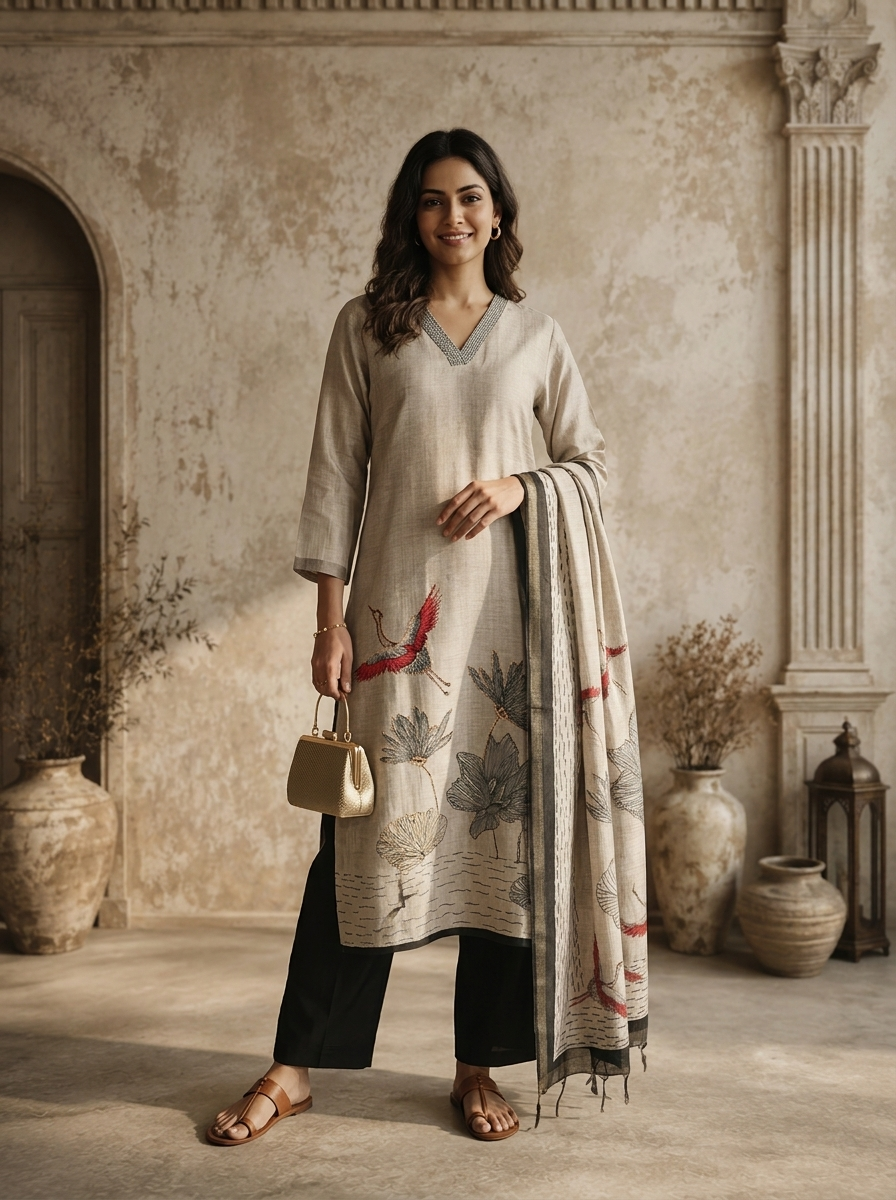 Black Chanderi Crane Bird With Floral Printed Three Piece Set
