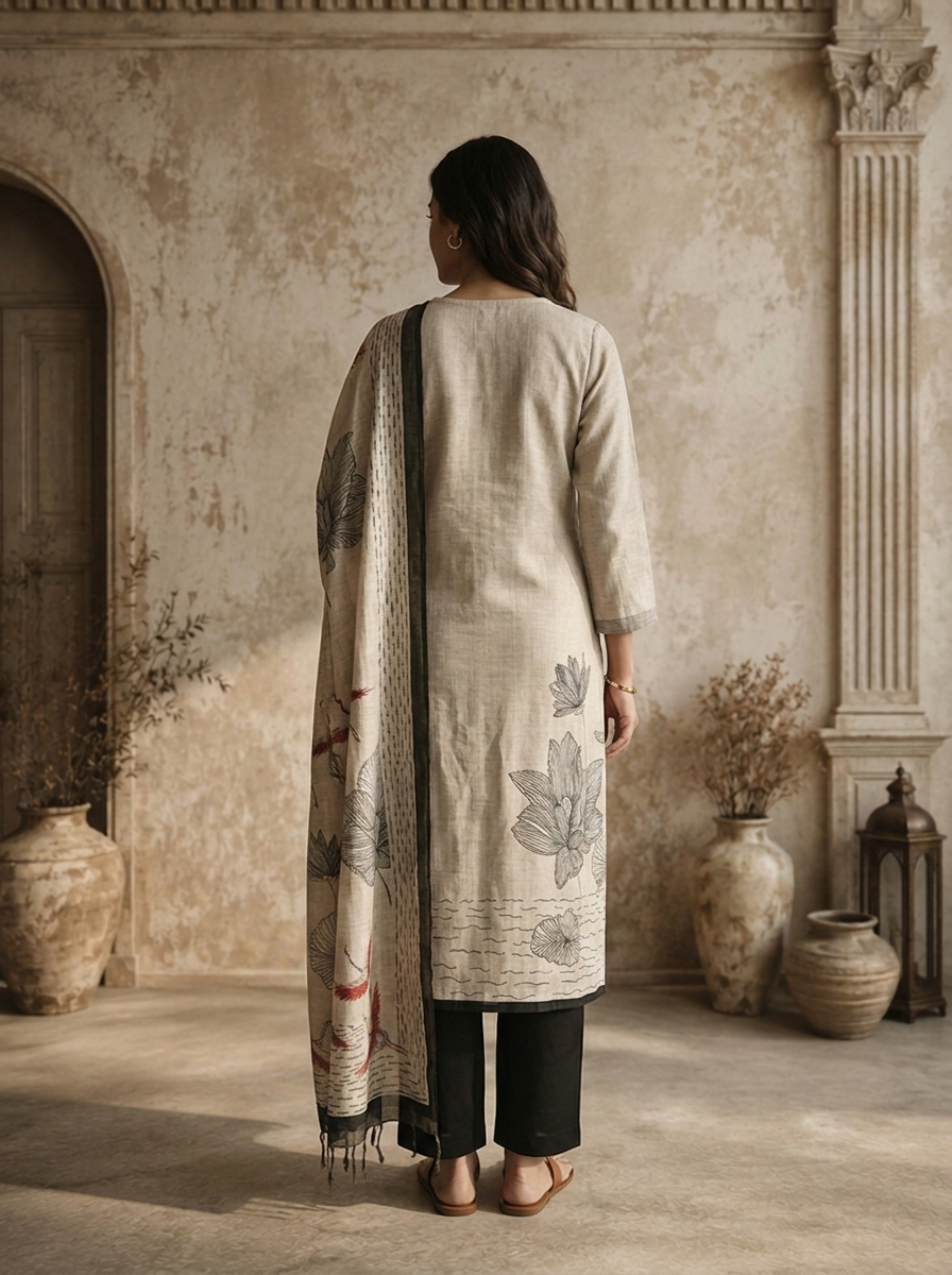 Black Chanderi Crane Bird With Floral Printed Three Piece Set