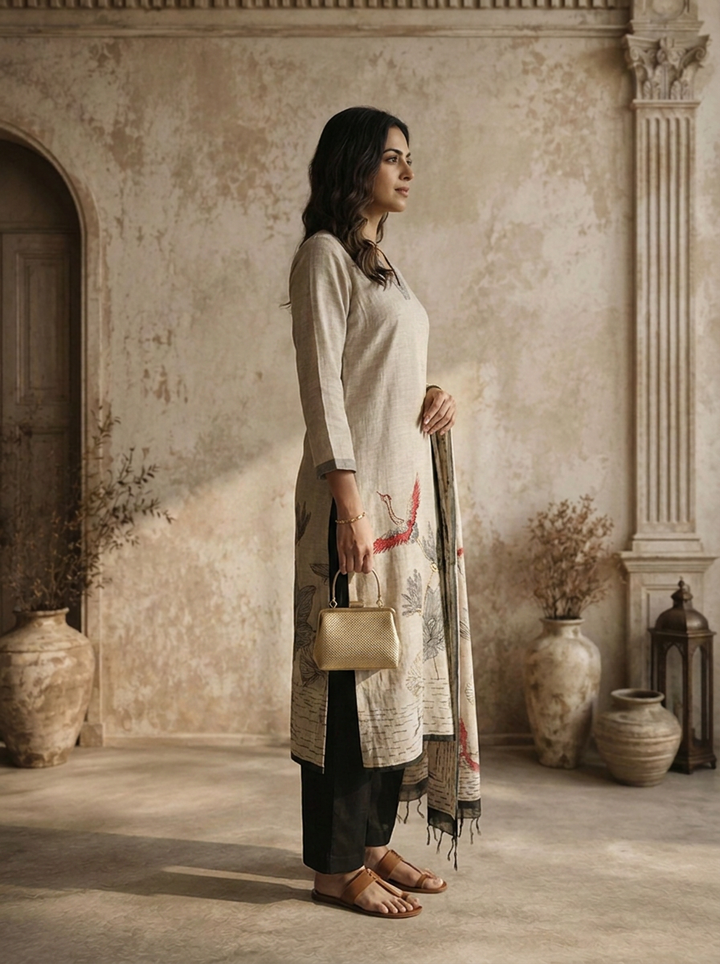 Black Chanderi Crane Bird With Floral Printed Three Piece Set