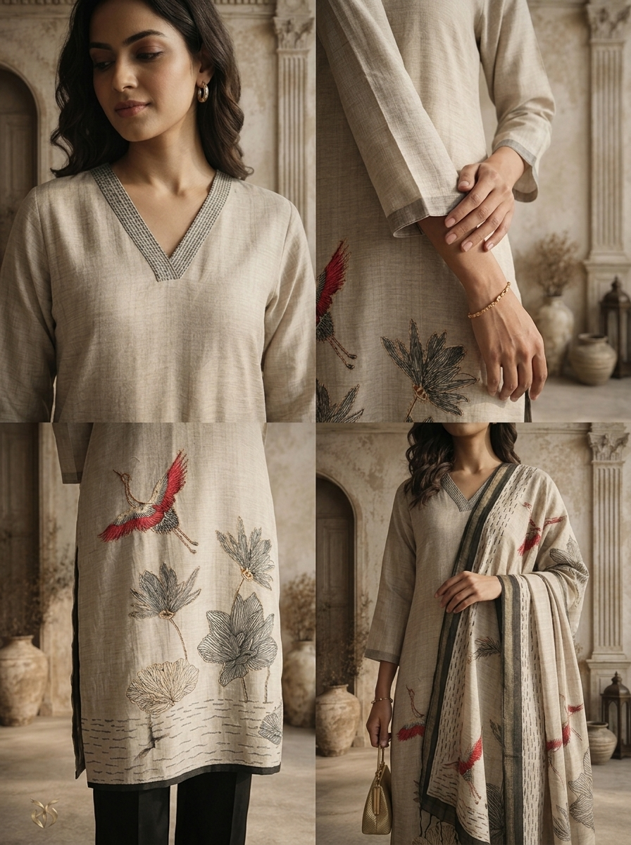 Black Chanderi Crane Bird With Floral Printed Three Piece Set