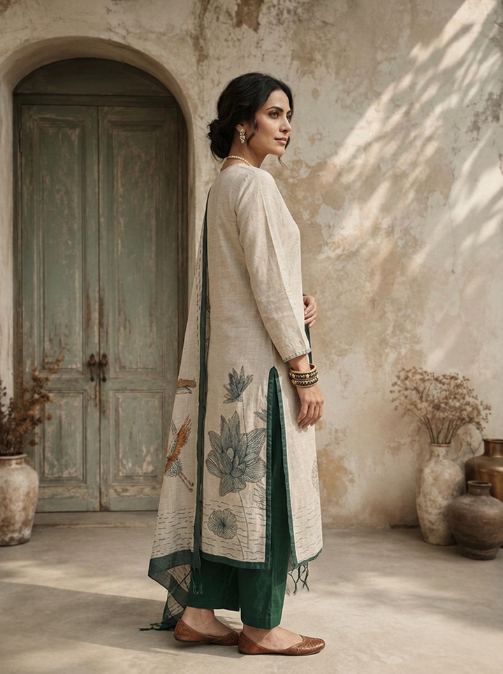 Bottle Green Chanderi Crane Bird With Floral Printed Three Piece Set