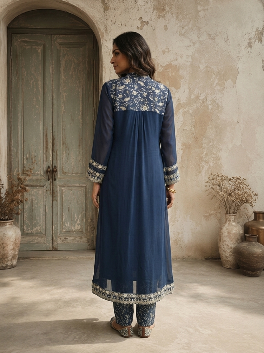 Navy Blue Georgette Ethnic Motif Printed Three Piece Set