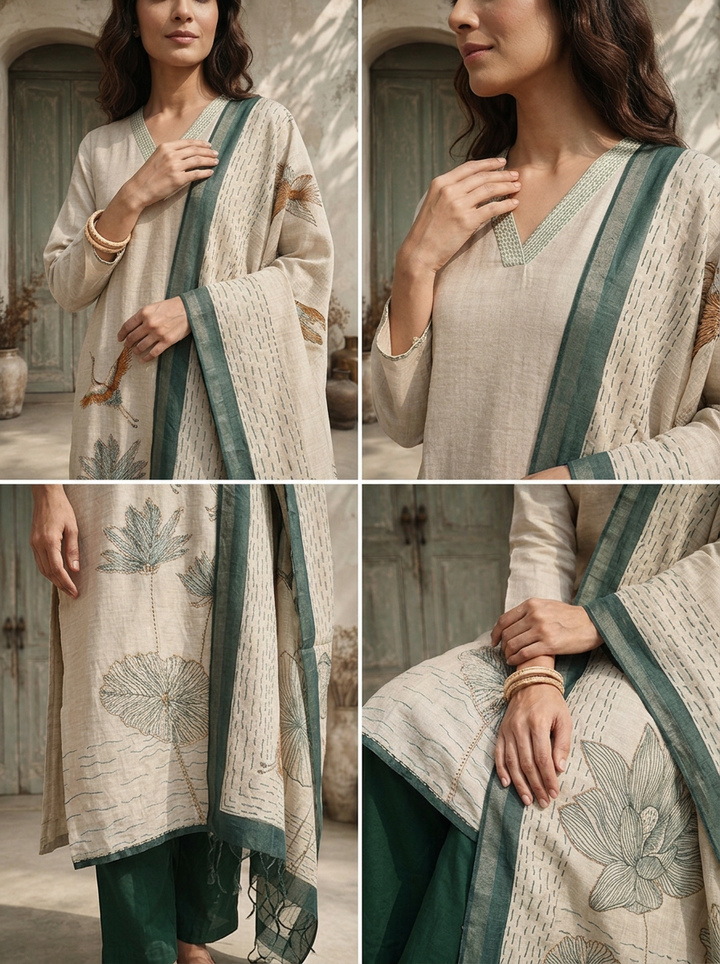 Bottle Green Chanderi Crane Bird With Floral Printed Three Piece Set