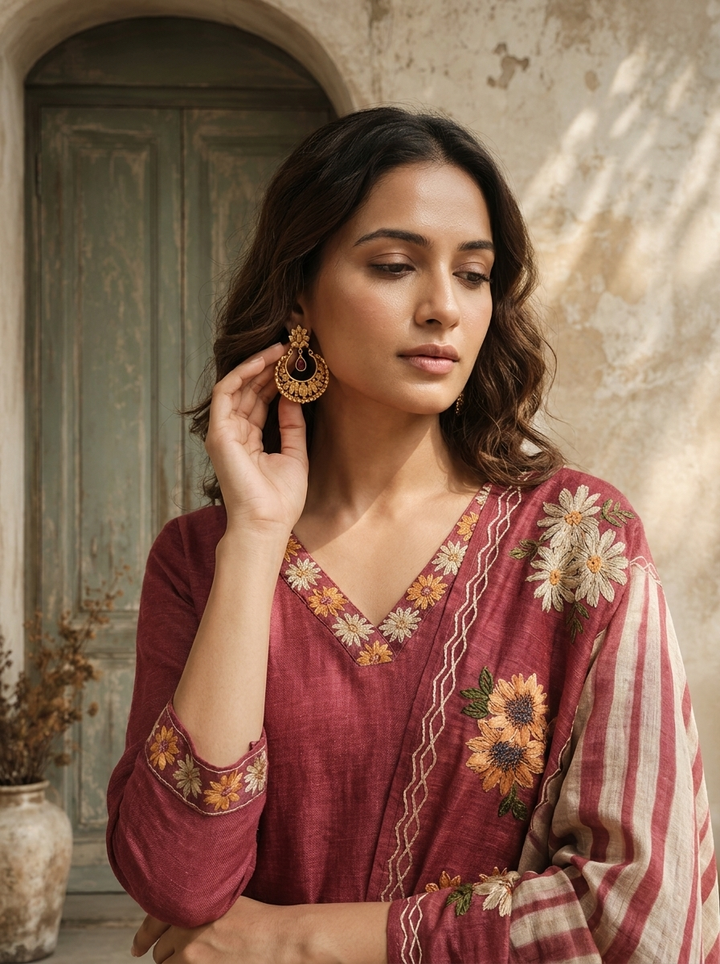 Onion Chanderi Floral Embroidered Three Piece Set