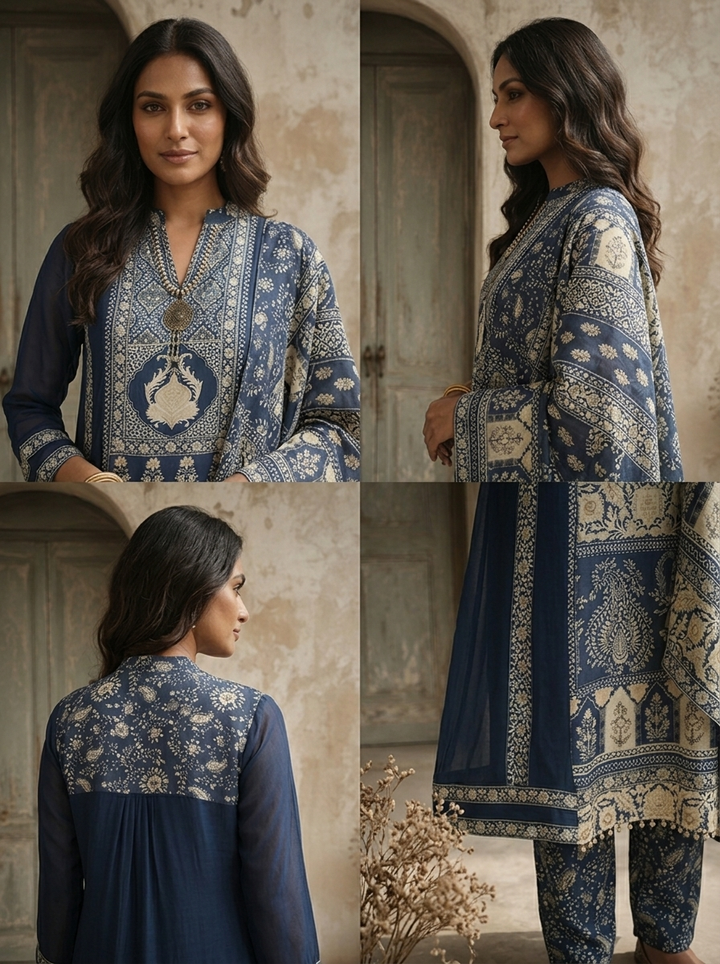 Navy Blue Georgette Ethnic Motif Printed Three Piece Set