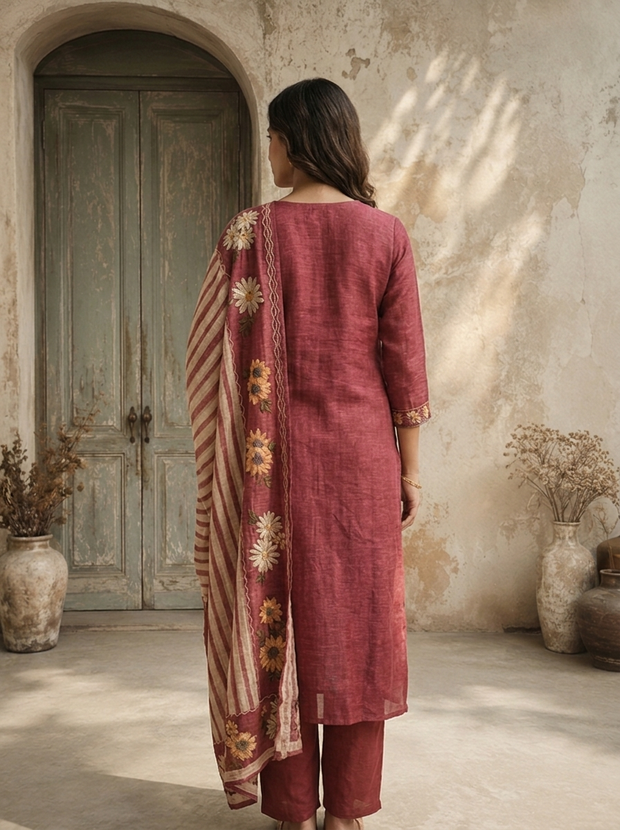 Onion Chanderi Floral Embroidered Three Piece Set