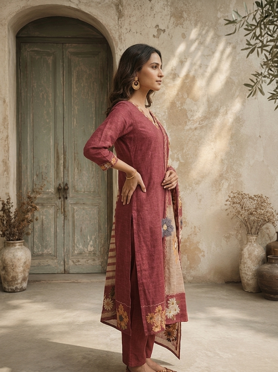 Onion Chanderi Floral Embroidered Three Piece Set