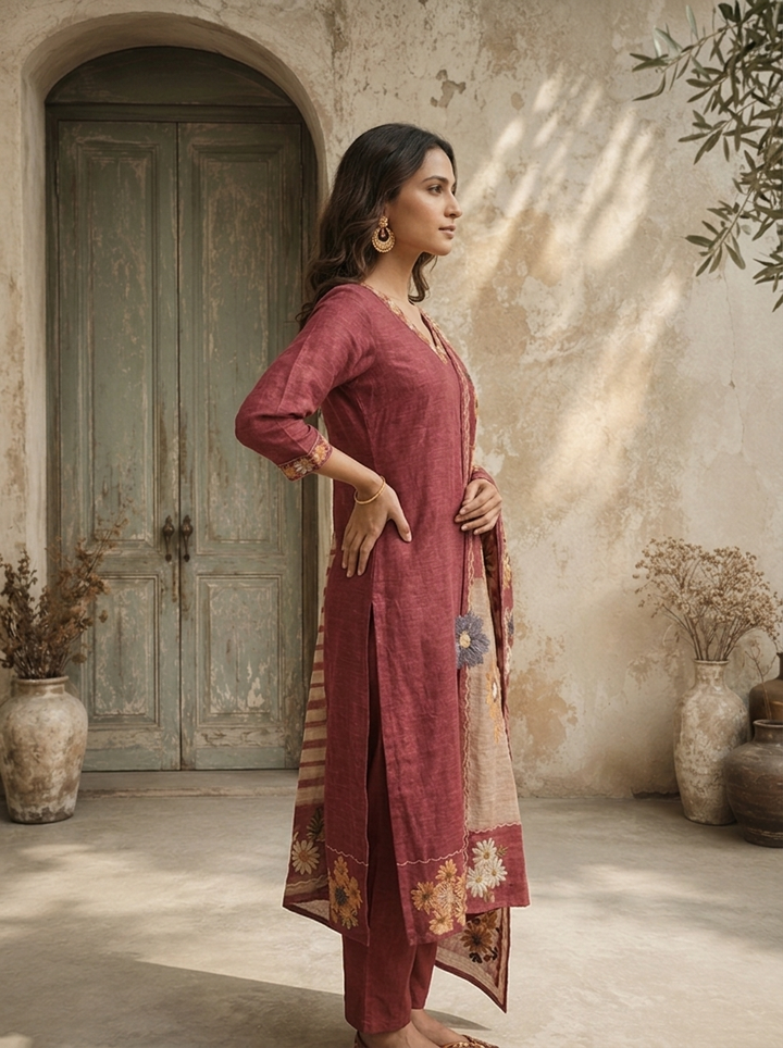 Onion Chanderi Floral Embroidered Three Piece Set