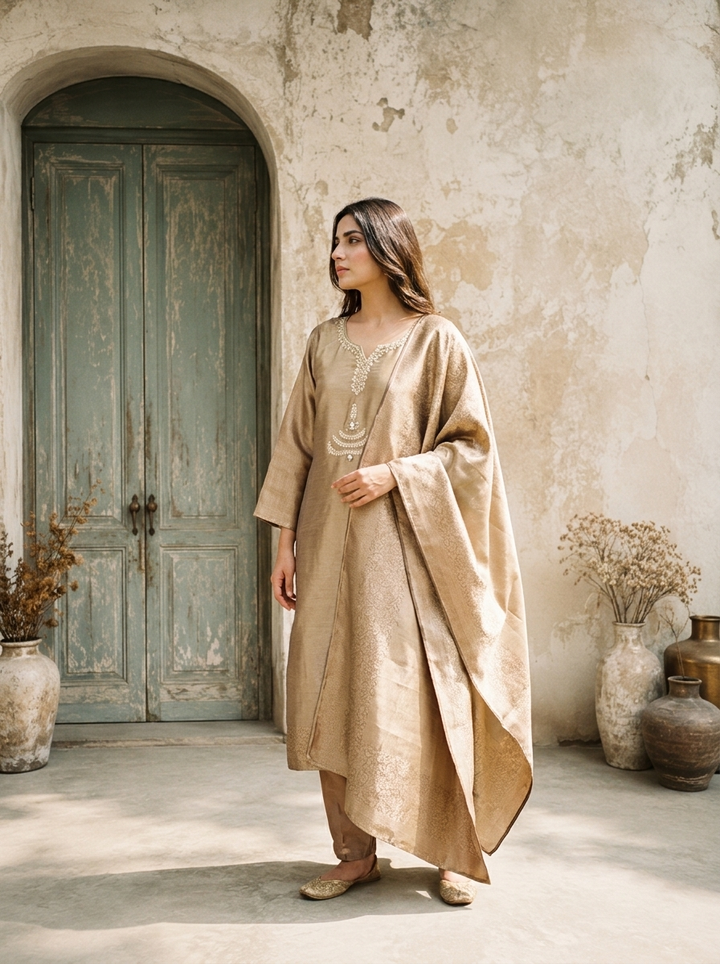 Brown Organza Stone Embroidered Three Piece Set