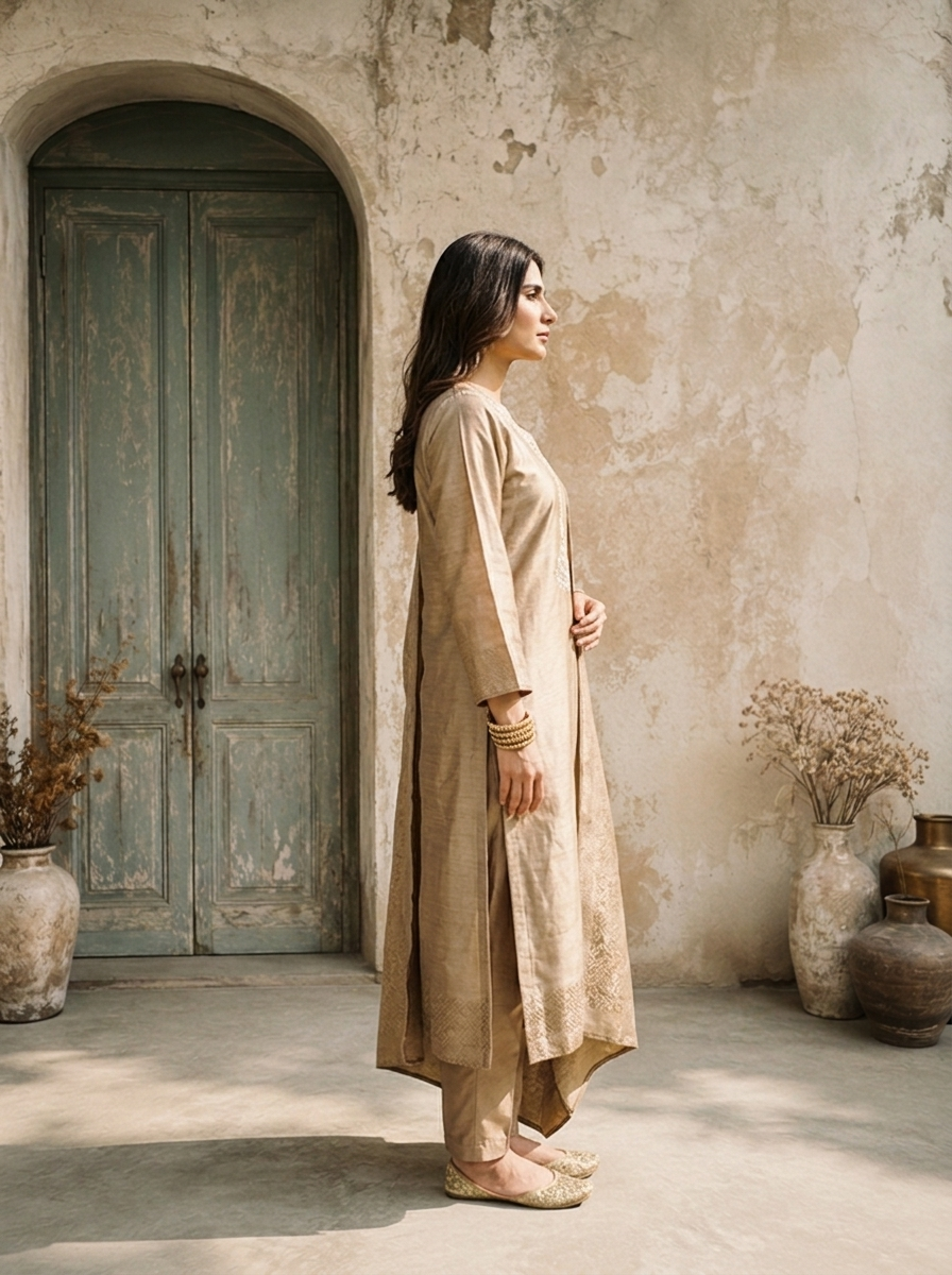 Brown Organza Stone Embroidered Three Piece Set