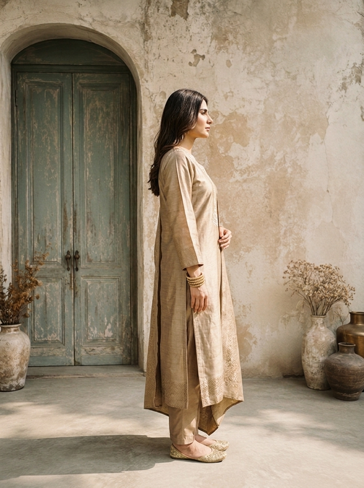 Brown Organza Stone Embroidered Three Piece Set
