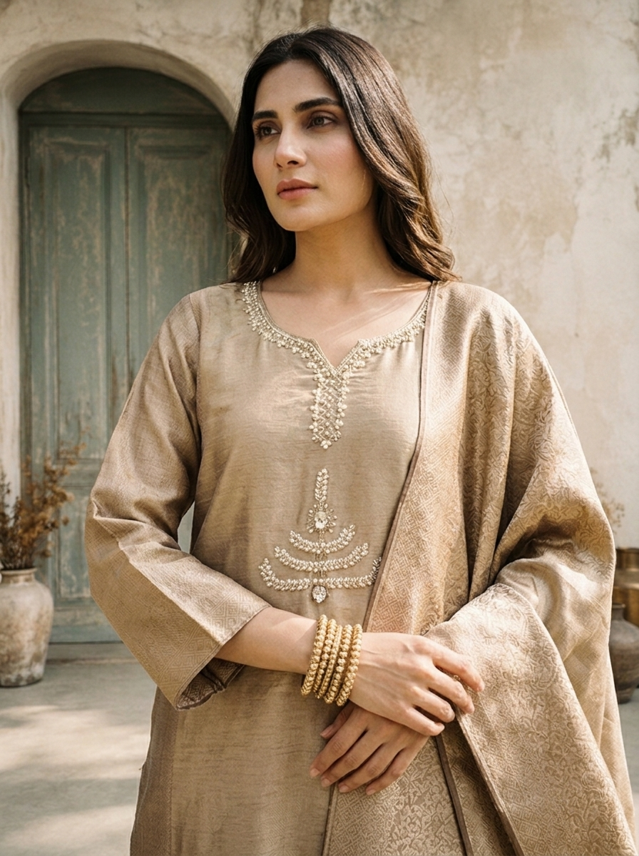 Brown Organza Stone Embroidered Three Piece Set