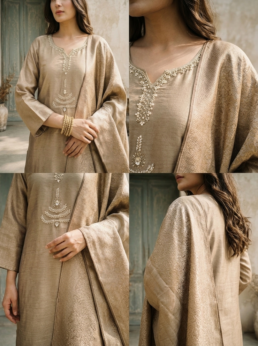 Brown Organza Stone Embroidered Three Piece Set