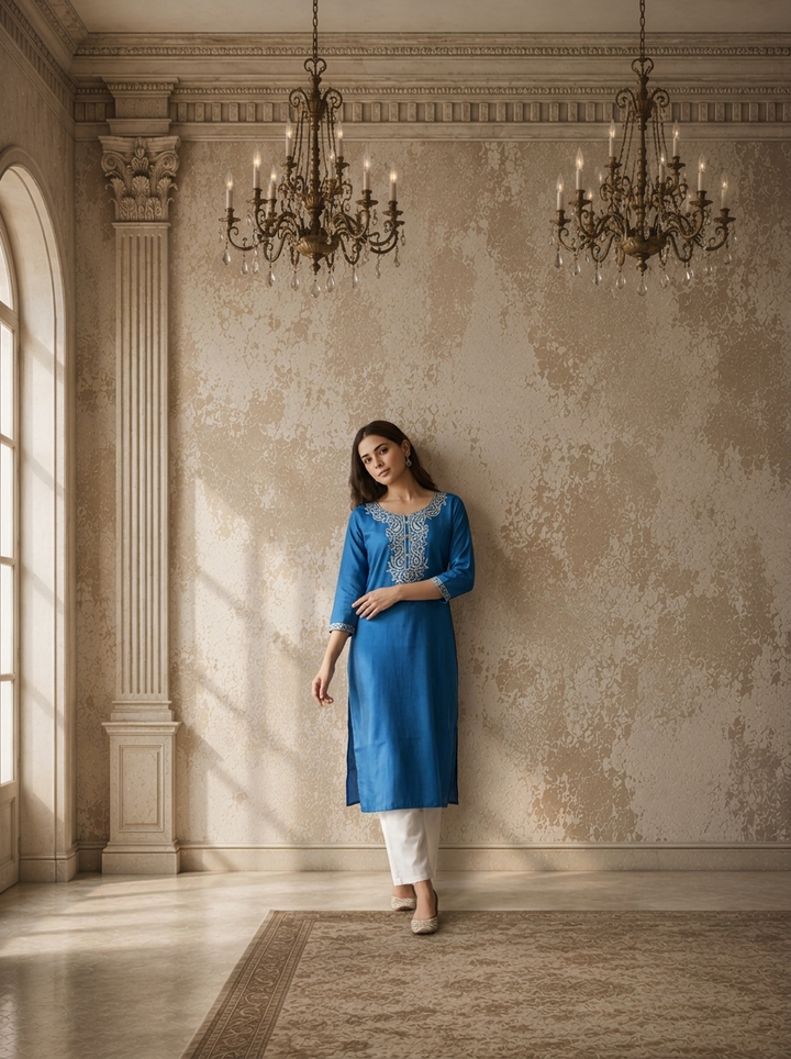 Teal Blue Rayon Paisley Thread Embroidered Kurta