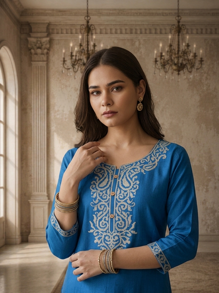 Teal Blue Rayon Paisley Thread Embroidered Kurta