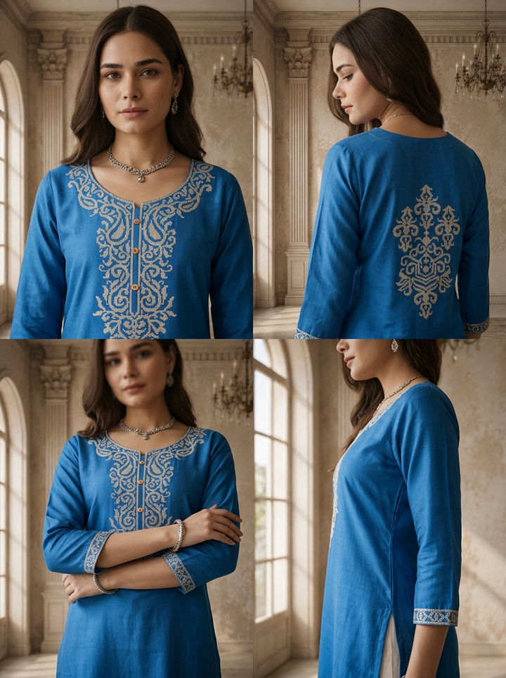 Teal Blue Rayon Paisley Thread Embroidered Kurta
