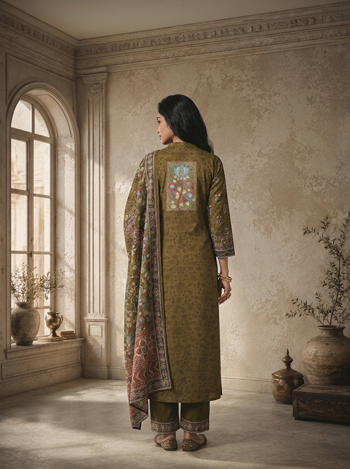 Olive Crepe Floral Jaal Printed Three Piece Set