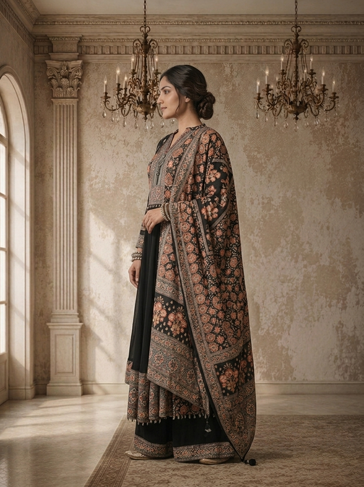 Black Georgette Ethnic Floral Printed Three Piece Set