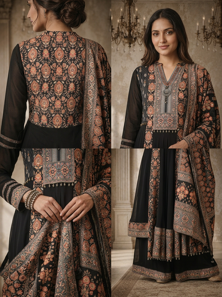 Black Georgette Ethnic Floral Printed Three Piece Set