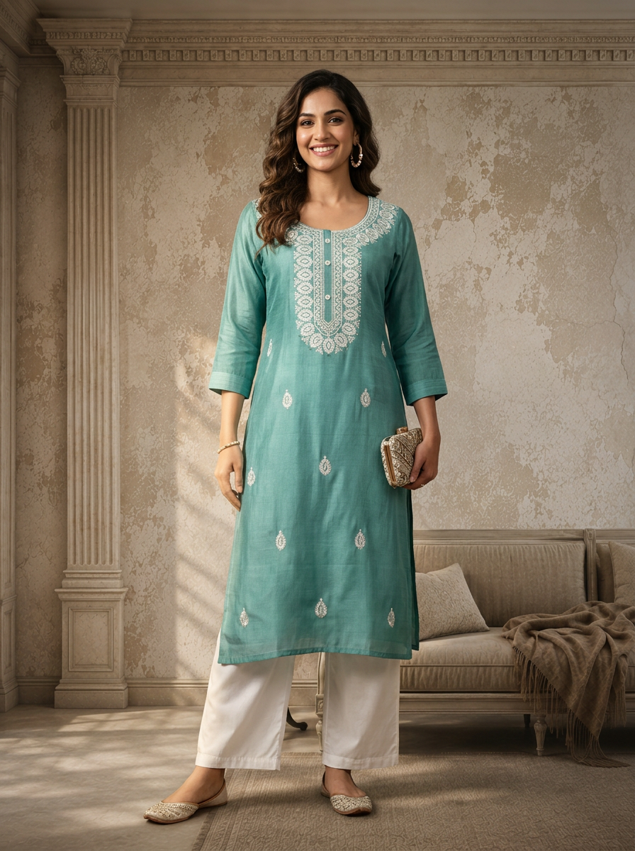 Aqua Rayon Ethnic Embroidered Kurta