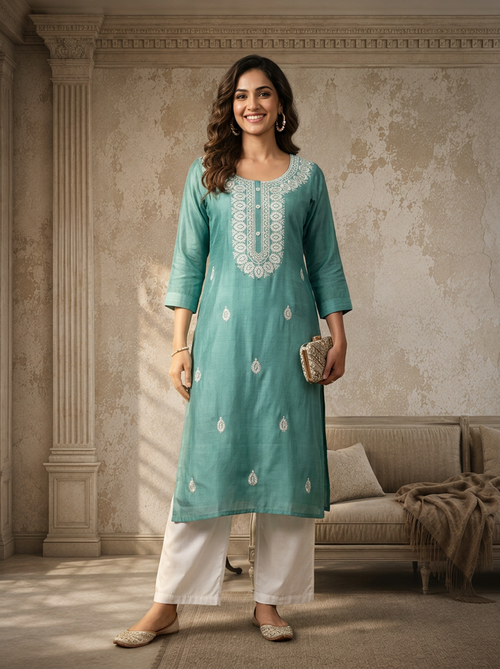 Aqua Rayon Ethnic Embroidered Kurta