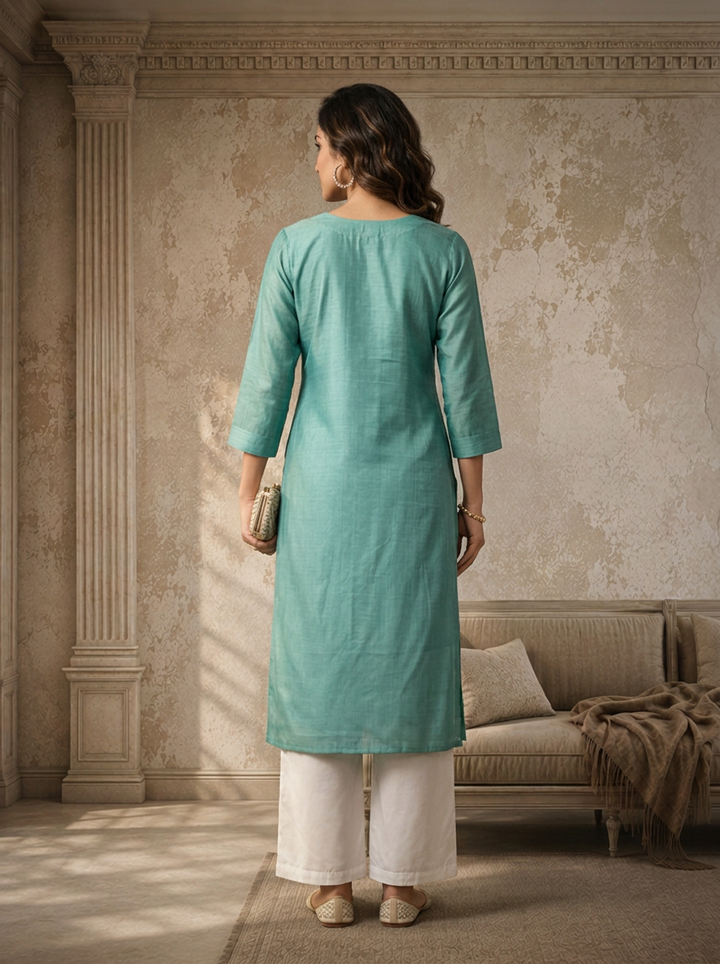 Aqua Rayon Ethnic Embroidered Kurta
