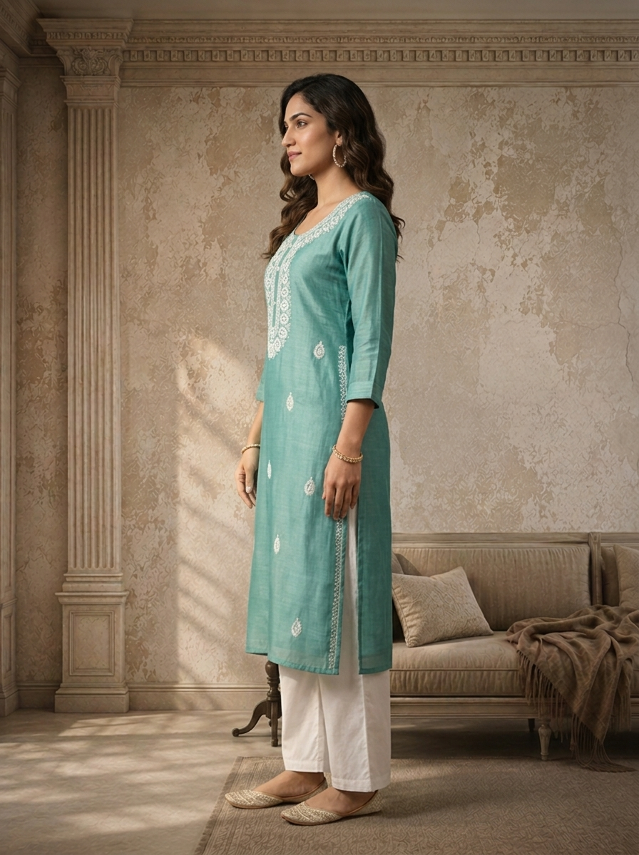 Aqua Rayon Ethnic Embroidered Kurta