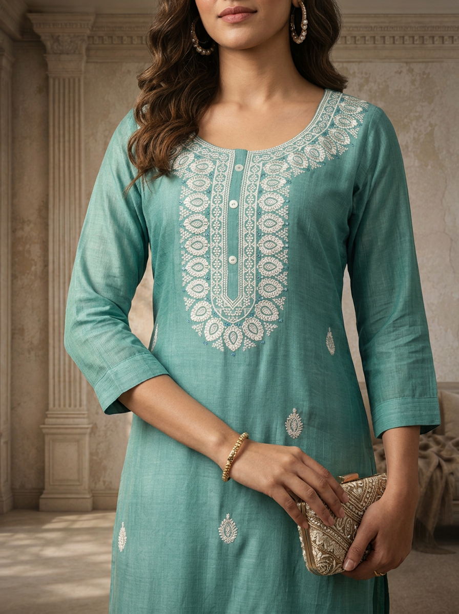 Aqua Rayon Ethnic Embroidered Kurta
