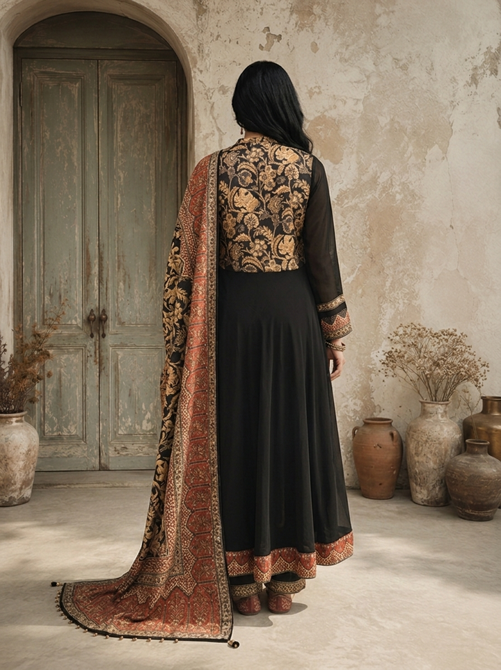 Black Georgette Ethnic Floral Jaal Printed Three Piece Set