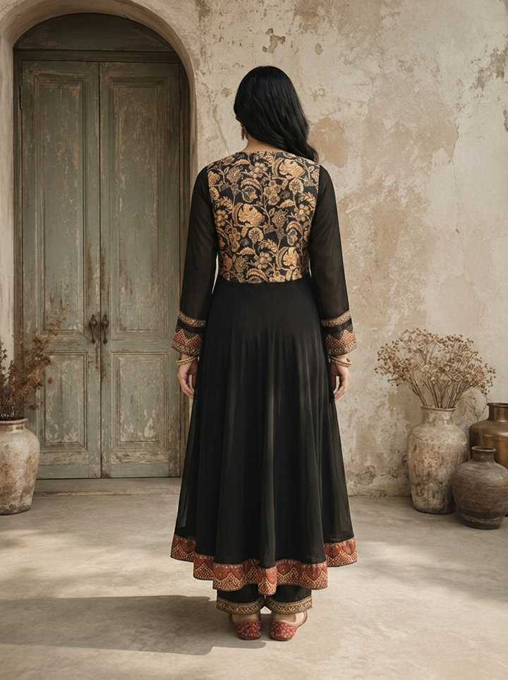 Black Georgette Ethnic Floral Jaal Printed Three Piece Set