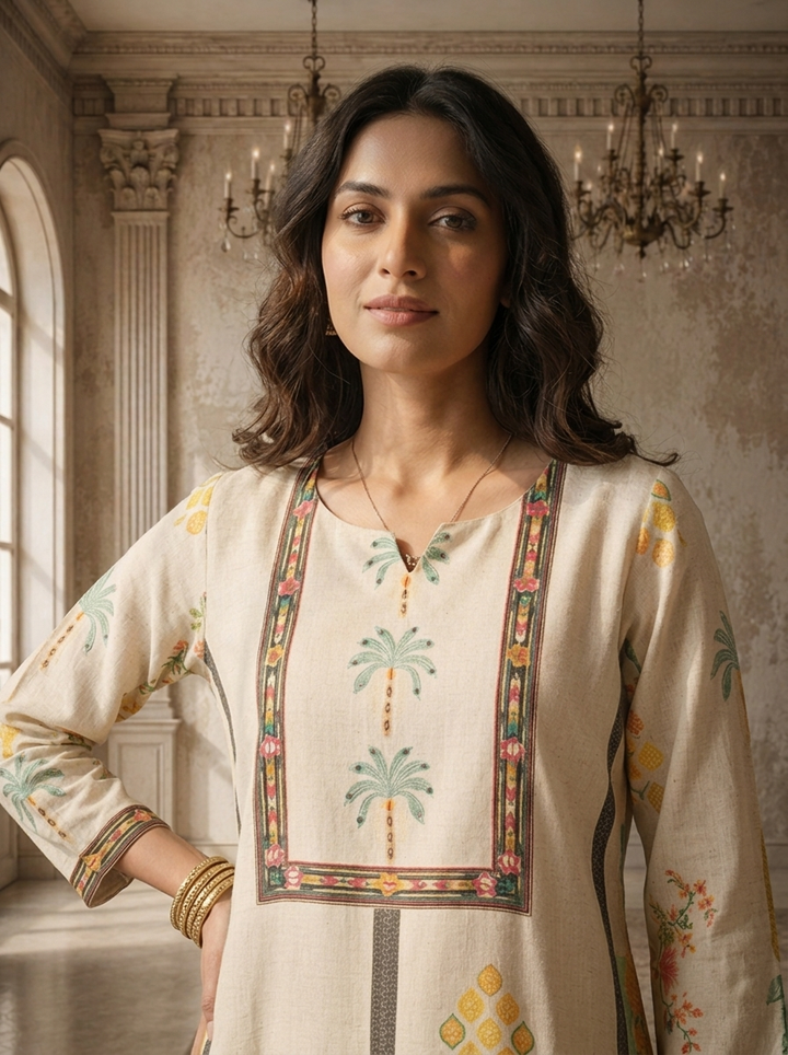 Off White Cotton Scenic Landscape Printed Kurta