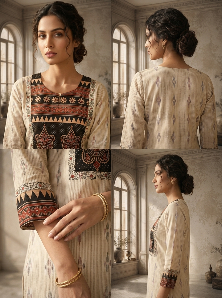 Black Cotton Ajrakh Patch Printed Kurta