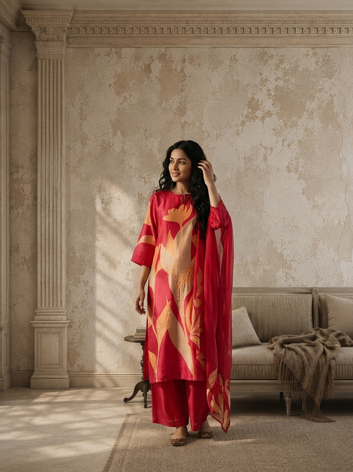Magenta Silk Abstract Leaf Printed Three Piece Set