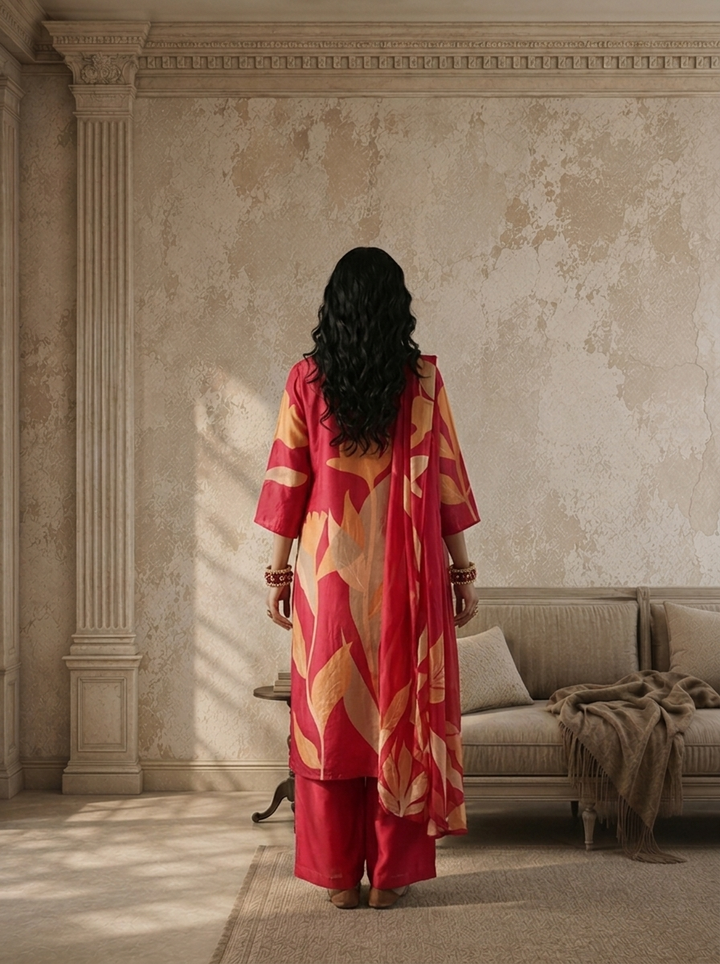 Magenta Silk Abstract Leaf Printed Three Piece Set