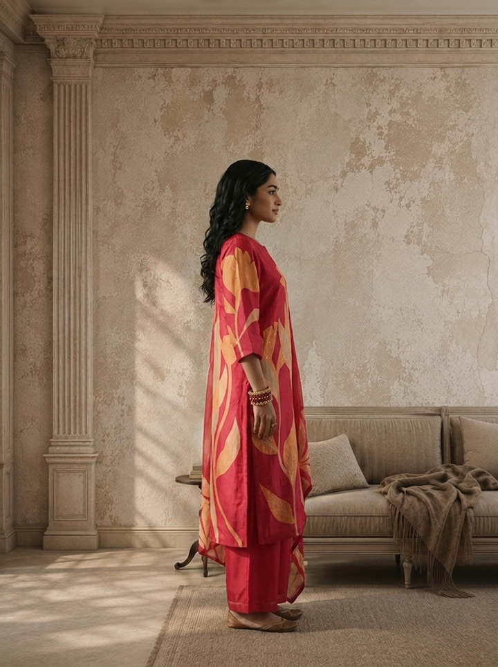 Magenta Silk Abstract Leaf Printed Three Piece Set
