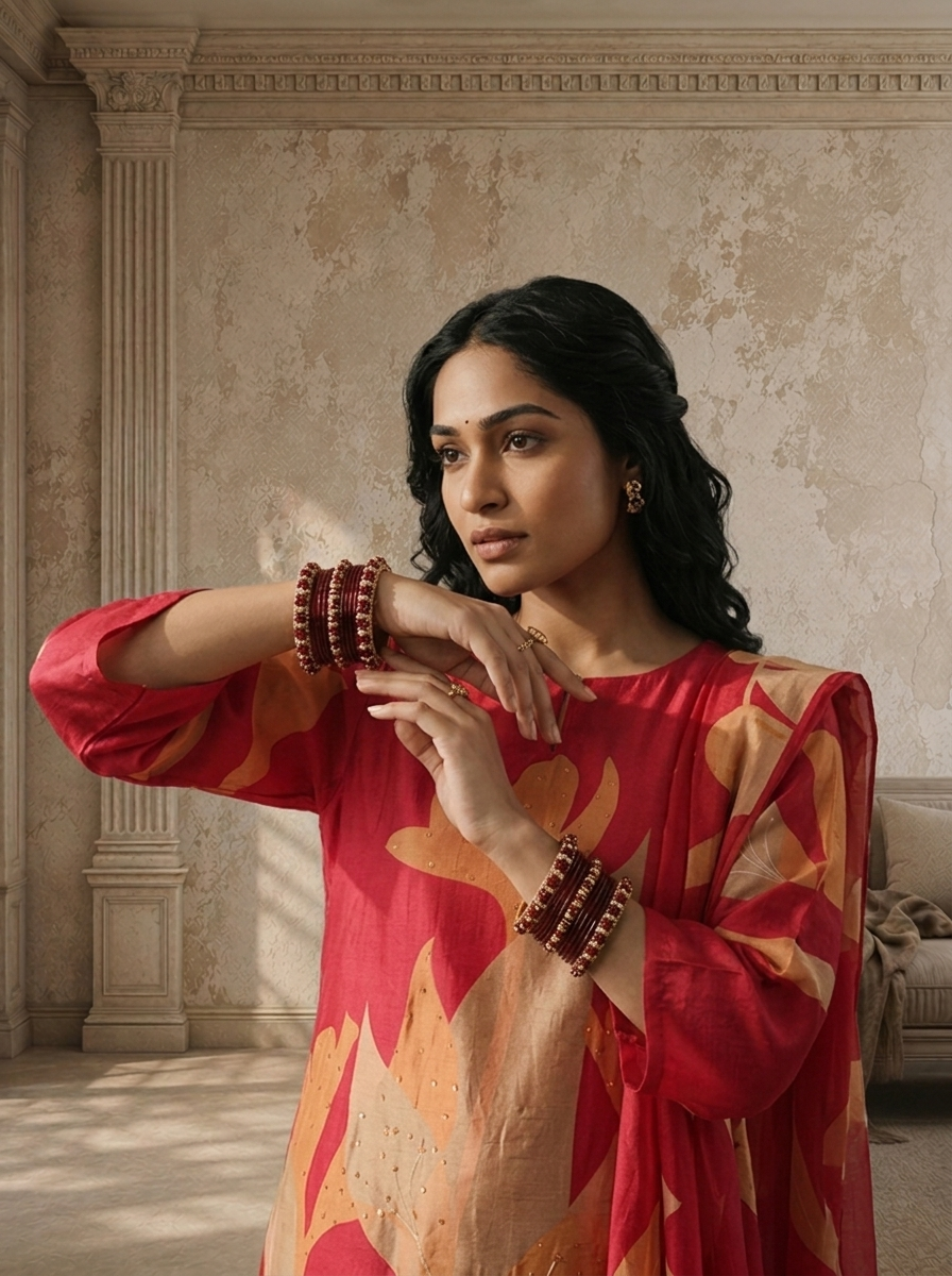 Magenta Silk Abstract Leaf Printed Three Piece Set
