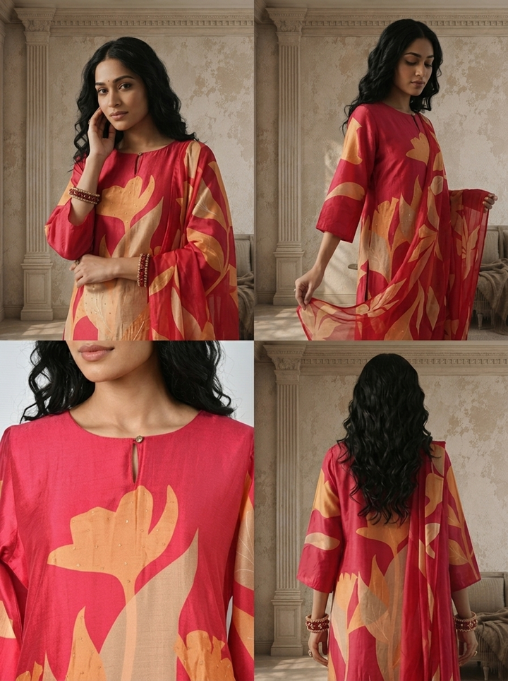 Magenta Silk Abstract Leaf Printed Three Piece Set