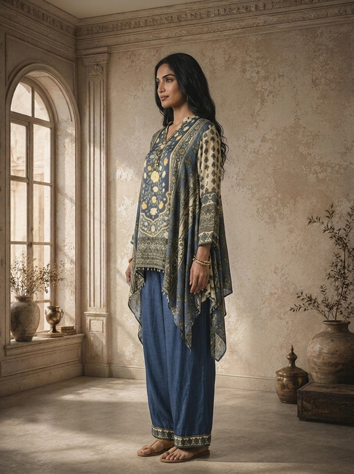 Blue Crepe Floral Panel Printed Two Piece Set