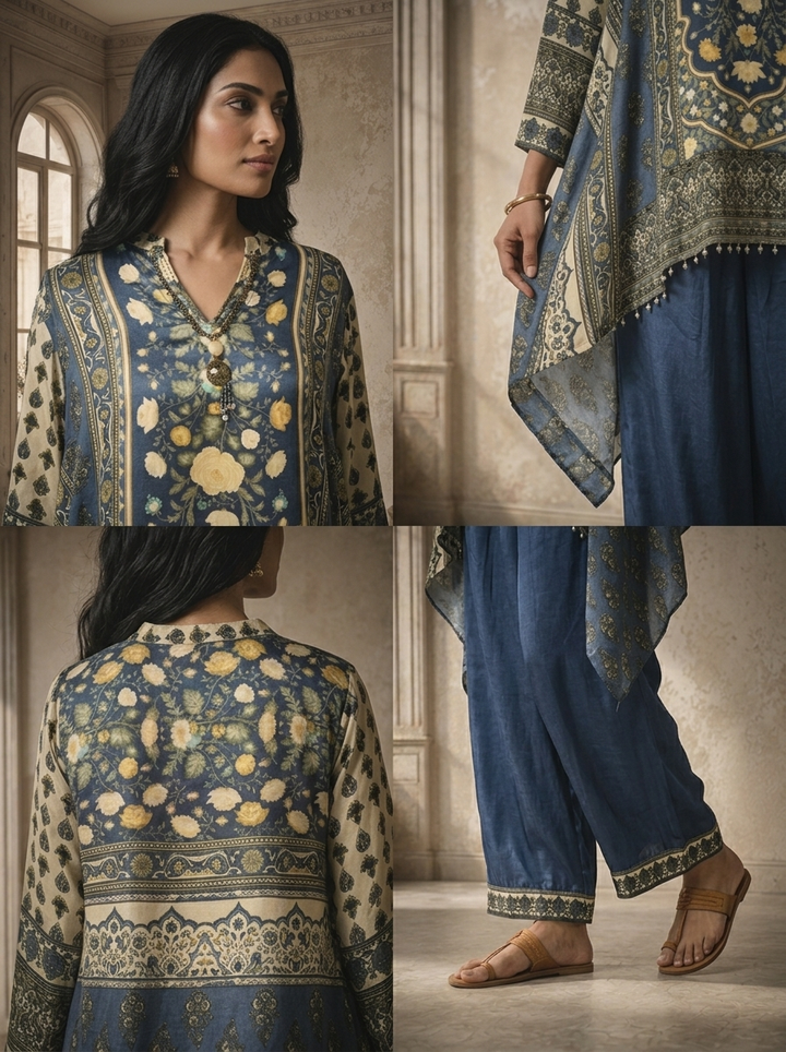 Blue Crepe Floral Panel Printed Two Piece Set
