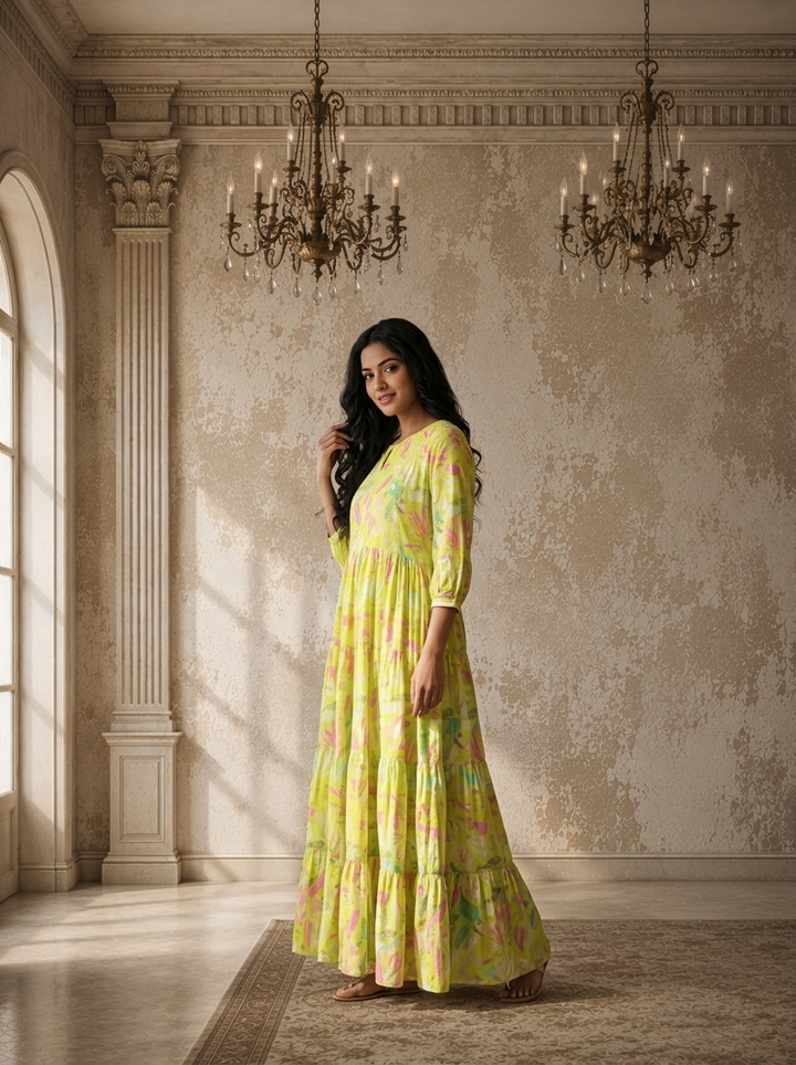 Parrot Green Cotton Abstract Tropical Leaf And Floral Printed Dress