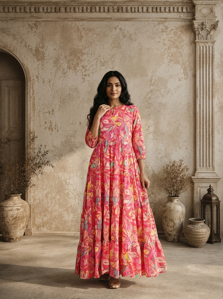 Magenta Cotton Abstract Tropical Leaf And Floral Printed Dress