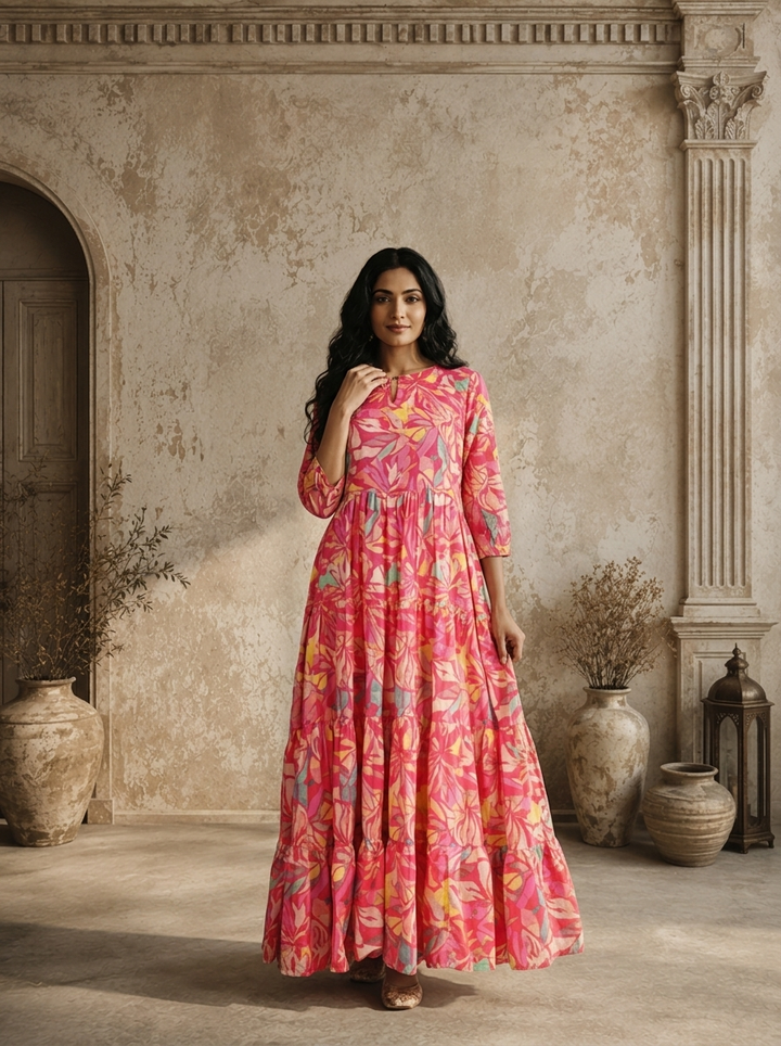 Magenta Cotton Abstract Tropical Leaf And Floral Printed Dress