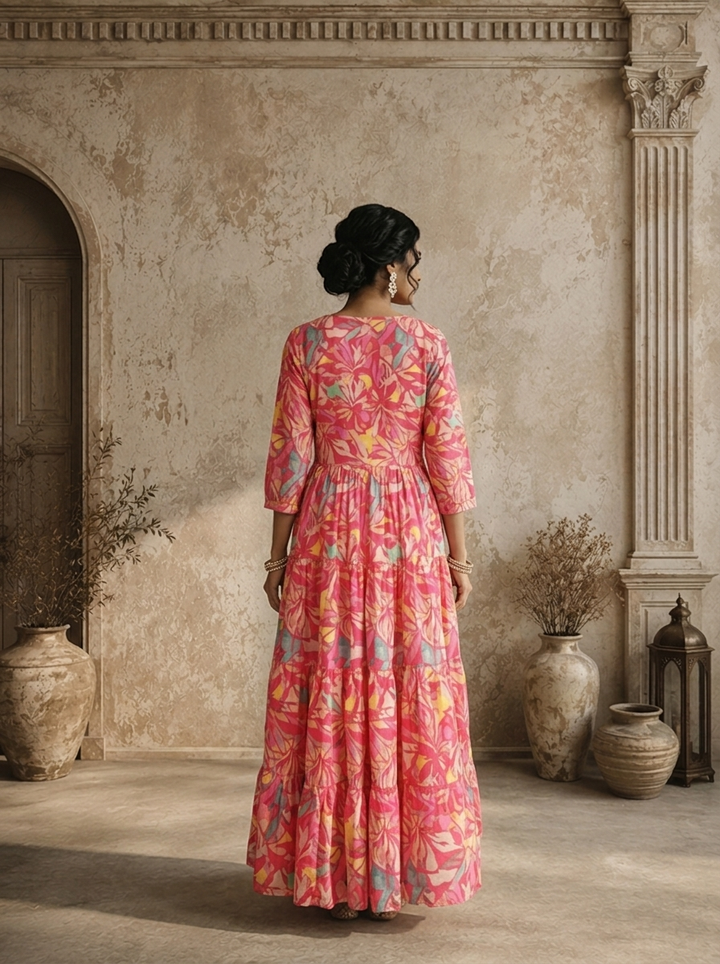 Magenta Cotton Abstract Tropical Leaf And Floral Printed Dress