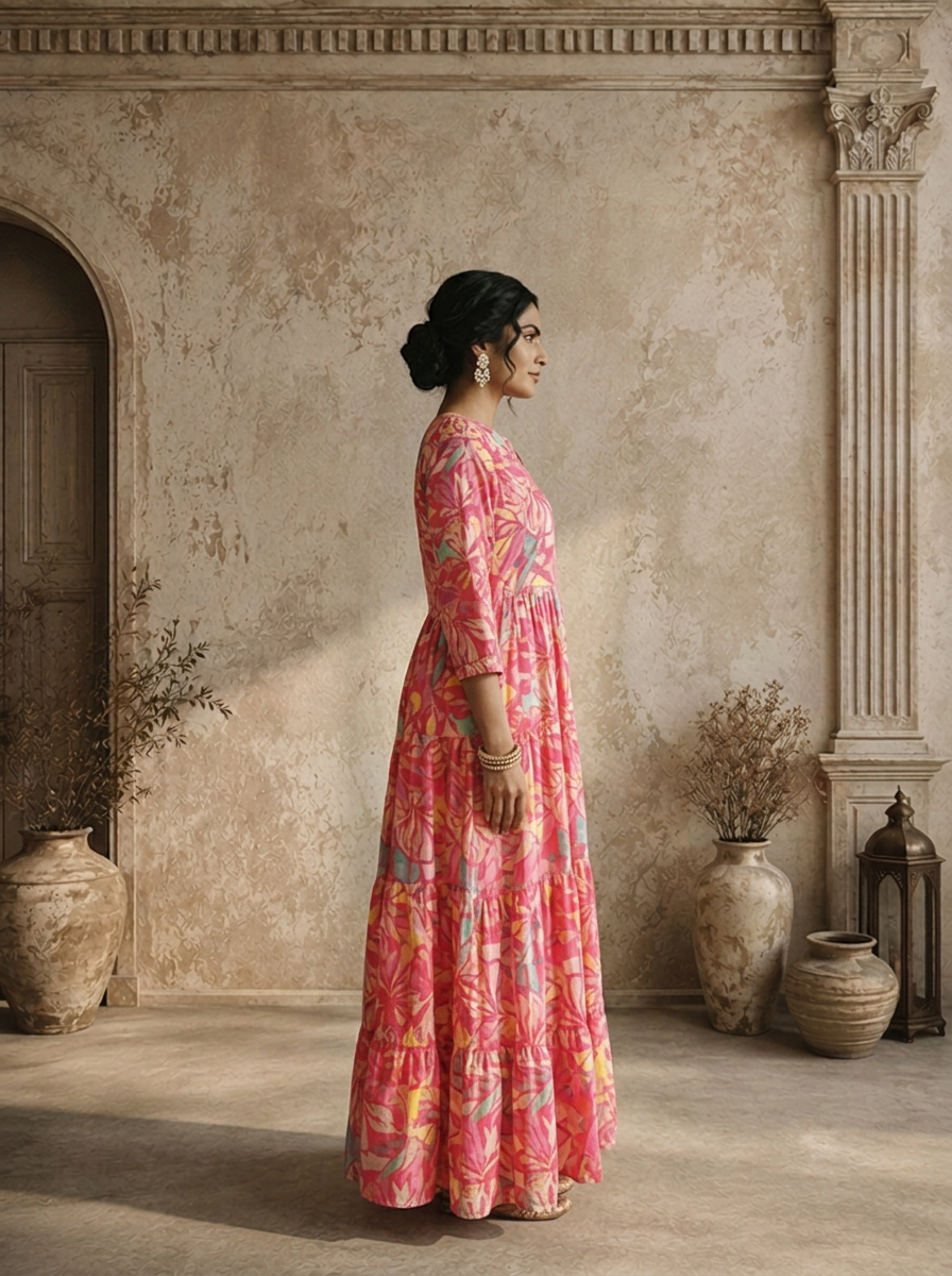 Magenta Cotton Abstract Tropical Leaf And Floral Printed Dress